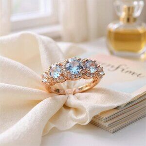 Gioelli 14K Rose Gold Over Silver Ring – Aquamarine & White Sapphire 5-Stone 5